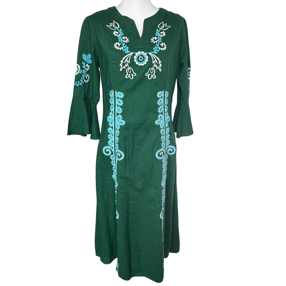 CHELSEA & THEODORE Size 6 Green Blue Floral Embroidered Maxi‎ Dress Peasant Boho